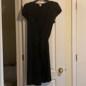 Black knit wrap dress with short sleeves
